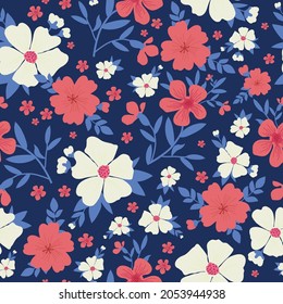 Seamless vintage pattern abstract. wonderful red and white flowers and blue leaves on a dark blue background. vector texture. trend print for textiles, wallpaper and packaging.
