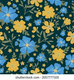 Seamless vintage pattern abstract. wonderful yellow and blue flowers on a dark green background. vector texture. trend print for textiles, wallpaper and packaging.