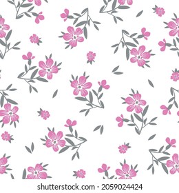 Seamless vintage pattern abstract. Wonderful pink flowers and gray leaves on a white background. vector texture. fashionable print for textiles, wallpaper and packaging.