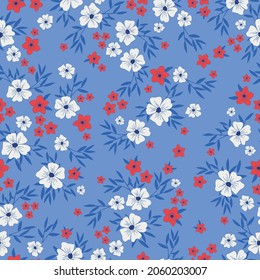 Seamless vintage pattern abstract. wonderful red and white flowers and blue leaves. light blue background. vector texture . fashionable print for textiles, wallpaper and packaging.
