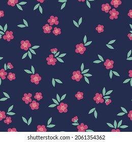 Seamless vintage pattern abstract. wonderful pink flowers and green leaves on a dark blue background. vector texture. fashionable print for textiles, wallpaper and packaging.