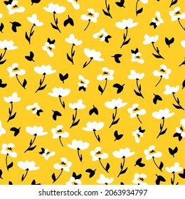 Seamless vintage pattern abstract. wonderful white flowers and black leaves on a yellow background. vector texture. fashionable print for textiles, wallpaper and packaging.