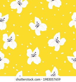 Resumen de patrones vintage sin inconvenientes. fondo amarillo. flores blancas y puntos blancos. textura vectorial. impresión de tendencia para textiles y papel pintado.