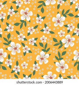 seamless vintage pattern abstract . yellow background. white flowers , green leaves. vector texture. trend print for textiles and wallpaper.