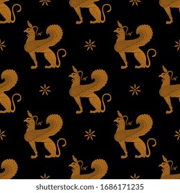 Seamless vintage pattern with ancient Greek griffins. Fantastic mythological winged animal. Vase painting style. 