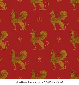 Seamless vintage pattern with ancient Greek griffins. Fantastic mythological winged animal. Vase painting style. 