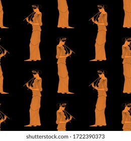 Seamless vintage pattern with ancient Greek women playing flute. Vase painting style.