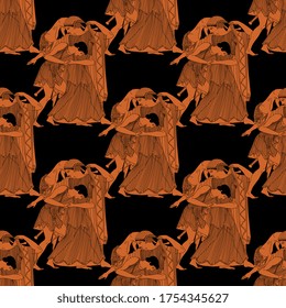 Seamless vintage pattern with ancient Greek mythological motifs. Peleus wrestling with goddess Thetis.