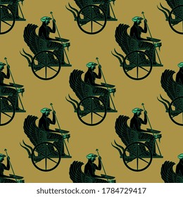 Seamless vintage pattern with ancient Greek motifs. Silhouette of hero Triptolemus sitting in a winged dragon snake chariot. Eleusinian Mysteries.