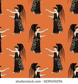 Seamless vintage pattern with ancient Greek winged goddesses. Hebe. Antique angels. Vase painting style.