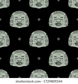 Seamless vintage pattern with ancient Olmec jade masks. Pre Columbian Native American art. 