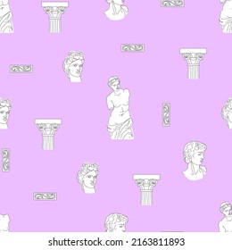 Seamless vintage pattern with antique statues on a pink background.