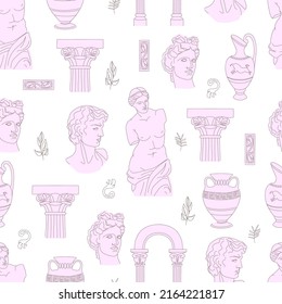 Seamless vintage pattern with antique statues on a pink background.