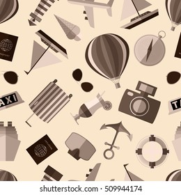 Seamless vintage pattern background with monochrome travel symbols flat icons on beige backdrop 