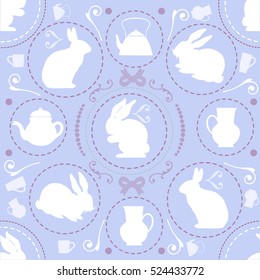 seamless vintage pattern background with rabbit and teapot , wonderland theme