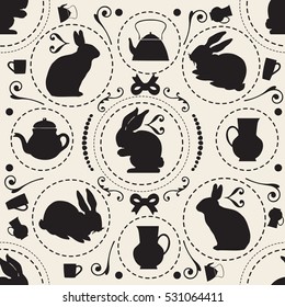 seamless vintage pattern background with rabbit and teapot , wonderland theme