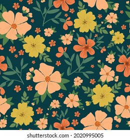 Seamless vintage pattern. beautiful orange and yellow flowers on a dark green background. vector texture. trend print for textiles and wallpaper.