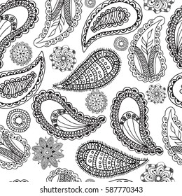 Seamless vintage pattern of beautiful paisley cucumbers and flowers on a white background. Turkish, Indian, Persian. Vector illustration.