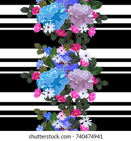 Seamless vintage pattern with beautiful pink and blue roses. Hand-drawn floral background for textile, cover, wallpaper, gift packaging, printing.Romantic design for calico.