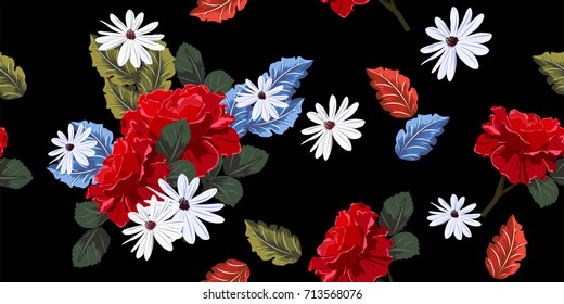 Patrón vintage sin fisuras con hermosas rosas rojas. Fondo floral dibujado a mano para textiles, cubierta, Fondo de pantalla, embalaje de regalo, impresión. Diseño romántico para calico.