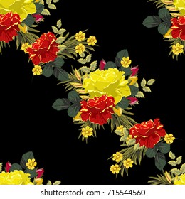 Seamless vintage pattern with beautiful red and yellow roses. Hand-drawn floral background for textile, cover, wallpaper, gift packaging, printing.Romantic design for calico.