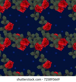 Seamless vintage pattern with beautiful red roses. Hand-drawn floral background for textile, cover, wallpaper, gift packaging, printing.Romantic design for calico.