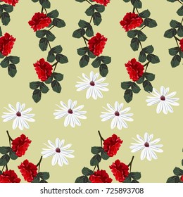 Seamless vintage pattern with beautiful red roses. Hand-drawn floral background for textile, cover, wallpaper, gift packaging, printing.Romantic design for calico.