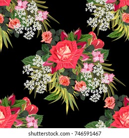 Seamless vintage pattern with beautiful red roses. Hand-drawn floral background for textile, cover, wallpaper, gift packaging, printing.Romantic design for calico.