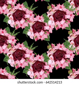 Seamless vintage pattern with beautiful rose and cute pink flowers. Hand-drawn floral background for textile, cover, wallpaper, gift packaging, printing.Romantic design for calico, home textiles.