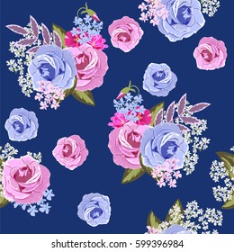 Seamless vintage pattern with beautiful roses. Hand-drawn floral background for textile, cover, wallpaper, gift packaging, printing.Romantic design for calico.