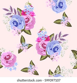 Seamless vintage pattern with beautiful roses. Hand-drawn floral background for textile, cover, wallpaper, gift packaging, printing.Romantic design for calico.