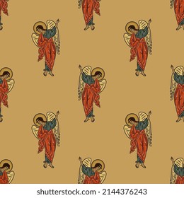 Seamless vintage pattern with beautiful winged angels. On gold background.