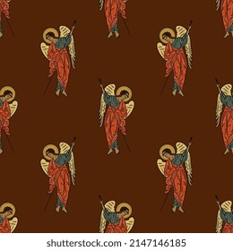 Seamless vintage pattern with beautiful winged angels. On maroon red background.