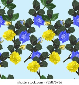 Seamless vintage pattern with beautiful yellow and blue roses. Hand-drawn floral background for textile, cover, wallpaper, gift packaging, printing.Romantic design for calico.