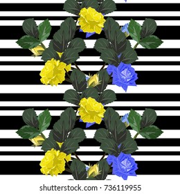 Seamless vintage pattern with beautiful yellow and blue roses. Hand-drawn floral background for textile, cover, wallpaper, gift packaging, printing.Romantic design for calico.