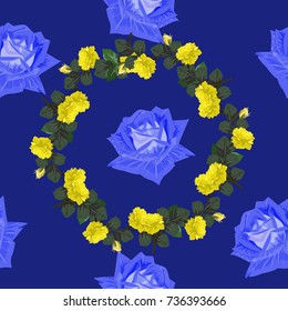 Seamless vintage pattern with beautiful yellow and blue roses. Hand-drawn floral background for textile, cover, wallpaper, gift packaging, printing.Romantic design for calico.