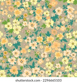 Seamless vintage pattern. Beige background. Large yellow and orange flowers. Vector texture. Fashionable print for textiles and wallpaper.