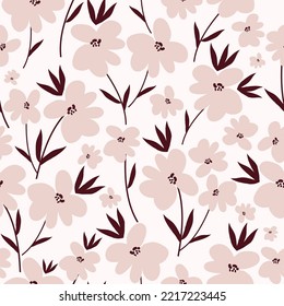 seamless vintage pattern. beige   flowers and brown leaves. white  background. vector texture. fashionable print for textiles and wallpaper.