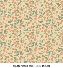Seamless vintage pattern with berries and leaves. Wild berries, blueberry plant, simple retro vector wallpaper. Textile, fabric summer floral design.