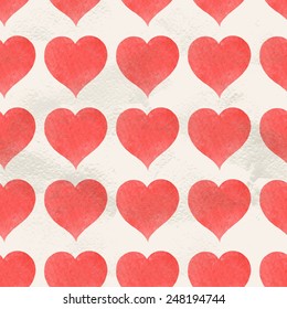 Seamless vintage pattern of big red hand drawn watercolor paint hearts vector draw