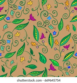 Seamless vintage pattern with birds and leafs on brown background.
Colorful endless hand drawn vector illustration