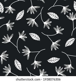 seamless vintage pattern. black background. white flowers and leaves. vector texture. abstract print for textiles and wallpaper.
