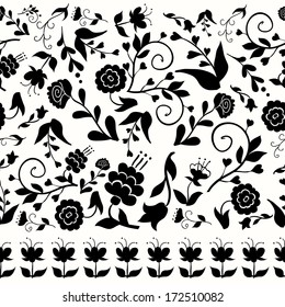 Seamless vintage pattern with black flowers