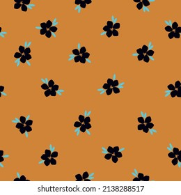 Seamless vintage pattern. black flowers, bright blue leaves. mustard background. vector texture. fashionable print for textiles, wallpaper and packaging.