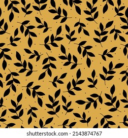 Seamless vintage pattern. Black plants , leaves and dots . 
 yellow background. vector texture. fashionable print for textiles, wallpaper and packaging.