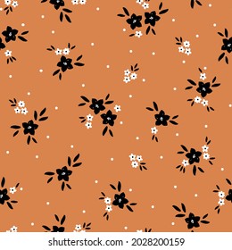 Nahtloses Vintage-Muster. Blumen und Punkte auf Schwarz-Weiß 
 Terrakotta-Hintergrund. Vektorstruktur. Trenddruck für Textilien und Tapeten.