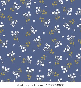 patrón de cosecha ininterrumpida. fondo azul. flores blancas pequeñas. hojas de mostaza. textura vectorial. impresión de moda para textiles y papel pintado.