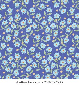 Seamless vintage pattern. blue background. light and small pink flowers ,green leaves. vector texture. trend print for textiles and wallpaper.