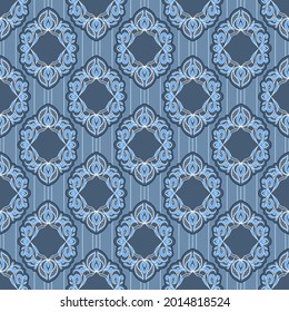Seamless vintage pattern in blue colors. Decorative lace elements in a floral style on a striped background. Great for decorating fabrics, textiles, gift wrapping, printed materials, advertising.