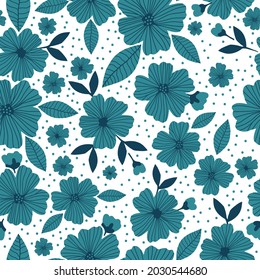 Seamless vintage pattern. blue flowers and dots, dark blue leaves on a white background. vector texture. trend print for textiles and wallpaper.